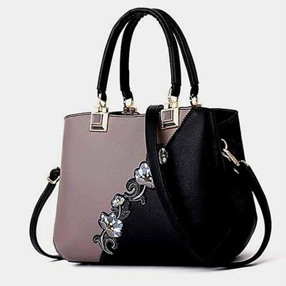 ELDA NWOT Black & Gray Floral Embroidery Daily Use Durable Shoulder & Tote Purse - Picture 10 of 11